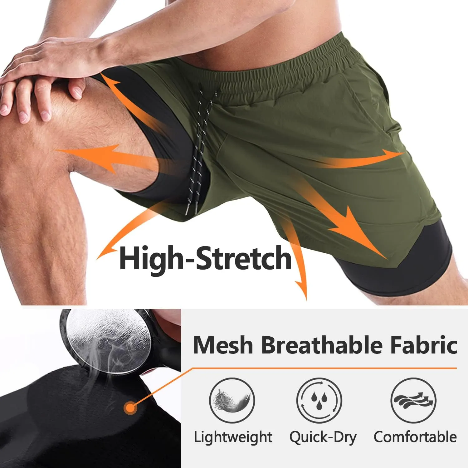 Aolesy Men's 2 in 1 Running Shorts - 5" Workout Gym Athletic Shorts Quick Dry Lightweight Training Shorts with Pockets