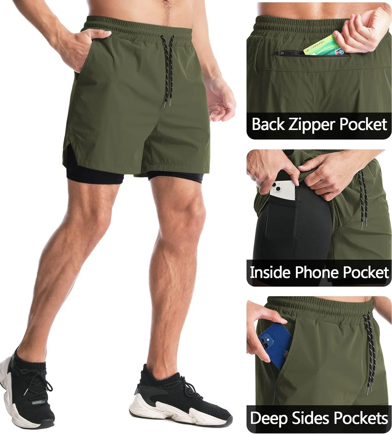 Aolesy Men's 2 in 1 Running Shorts - 5" Workout Gym Athletic Shorts Quick Dry Lightweight Training Shorts with Pockets