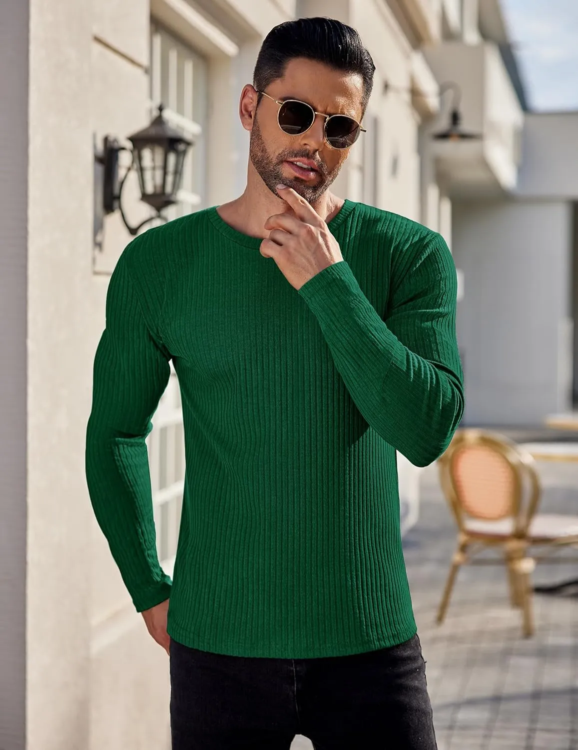 Ekouaer Men's Long Sleeve Shirts Ribbed Pullover Sweater Sim Fit Thermal Tops Crew Neck Stretchy Undershirts S-XXL