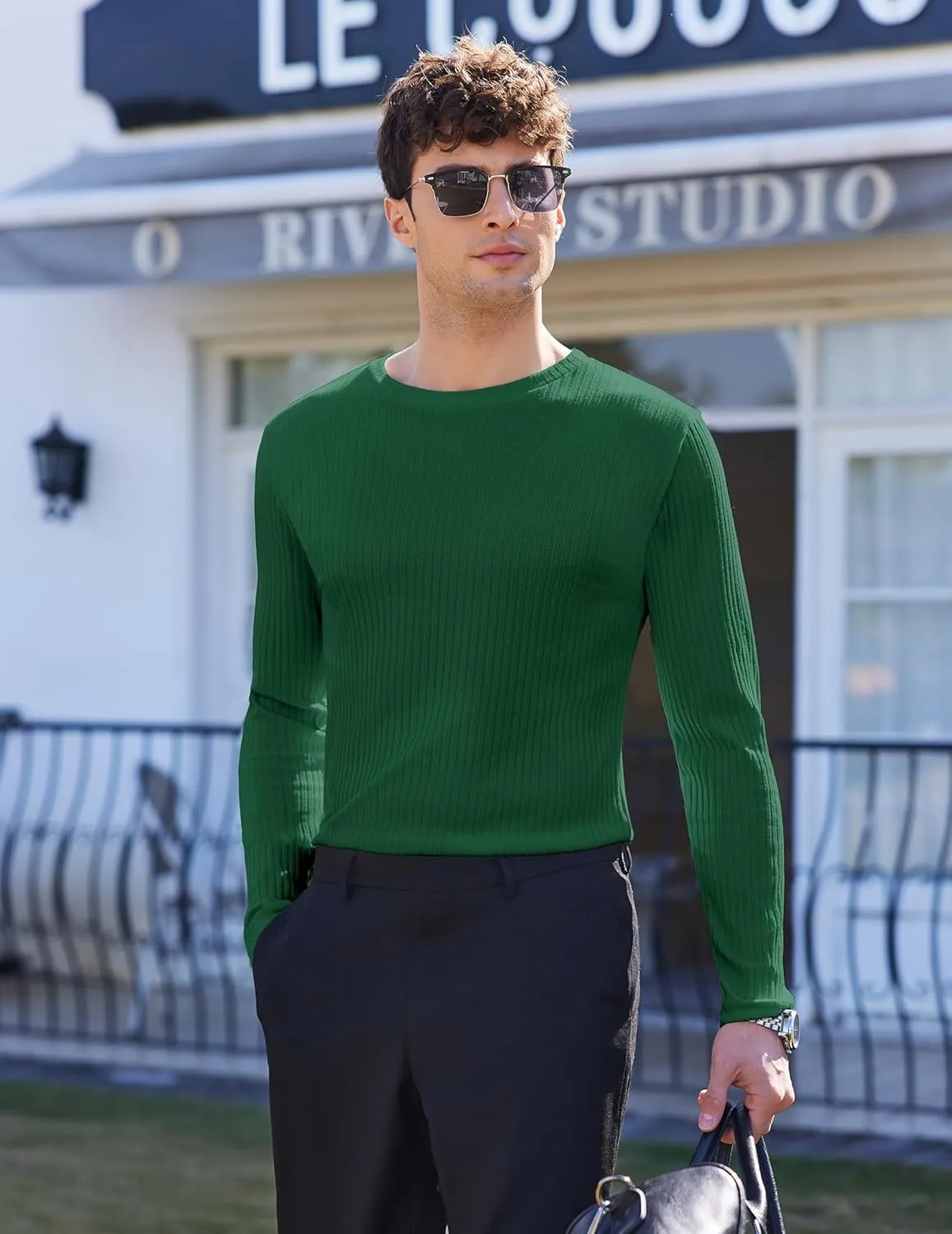 Ekouaer Men's Long Sleeve Shirts Ribbed Pullover Sweater Sim Fit Thermal Tops Crew Neck Stretchy Undershirts S-XXL