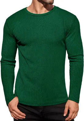 Ekouaer Men's Long Sleeve Shirts Ribbed Pullover Sweater Sim Fit Thermal Tops Crew Neck Stretchy Undershirts S-XXL