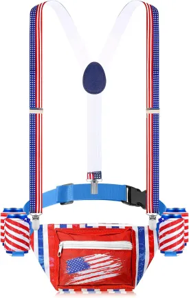 Patriotic Fanny Packs 4th of July Beverage Beer Belt Set USA Fanny Pack Bag with Suspenders Drink Holder for National Day(Simple)