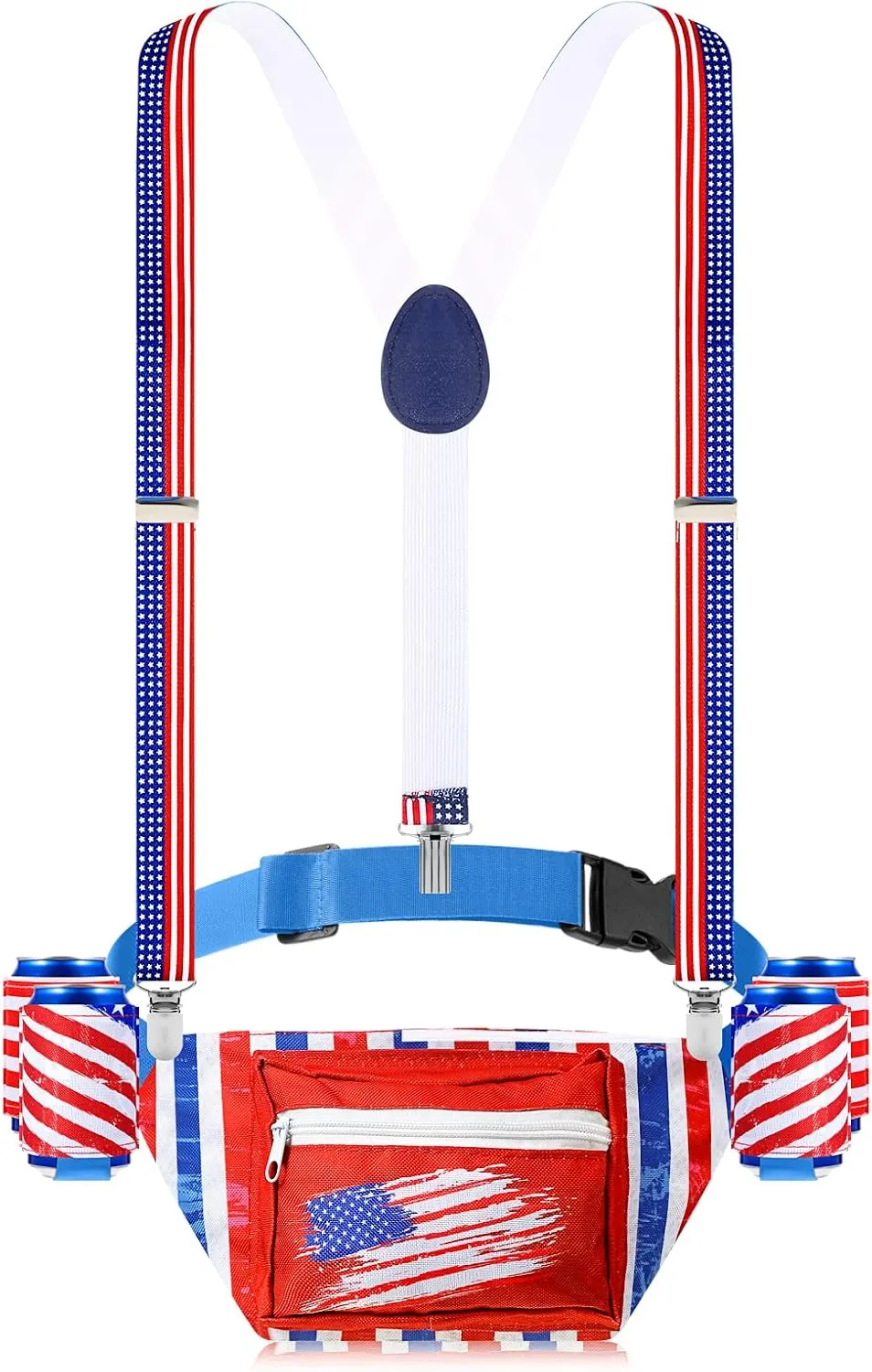 Patriotic Fanny Packs 4th of July Beverage Beer Belt Set USA Fanny Pack Bag with Suspenders Drink Holder for National Day(Simple)