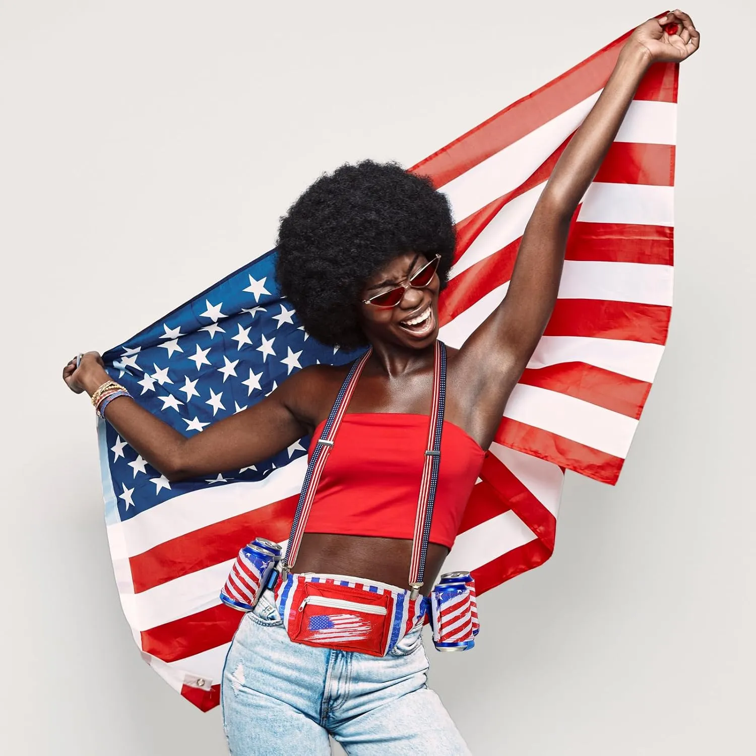 Patriotic Fanny Packs 4th of July Beverage Beer Belt Set USA Fanny Pack Bag with Suspenders Drink Holder for National Day(Simple)