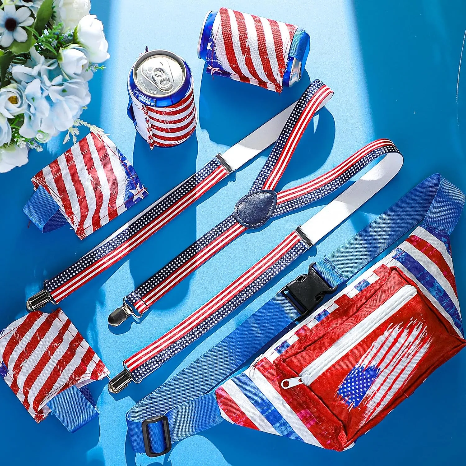 Patriotic Fanny Packs 4th of July Beverage Beer Belt Set USA Fanny Pack Bag with Suspenders Drink Holder for National Day(Simple)