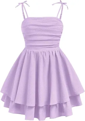 SHENHE Girl's Smocked Ruched A Line Swing Dress Layered Tie Shoulder Flowy Cami Dress