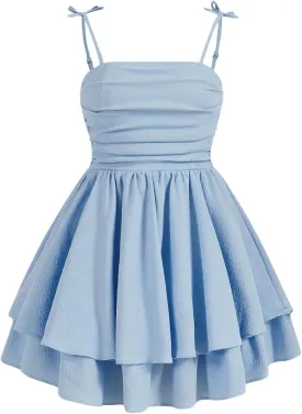 SHENHE Girl's Smocked Ruched A Line Swing Dress Layered Tie Shoulder Flowy Cami Dress
