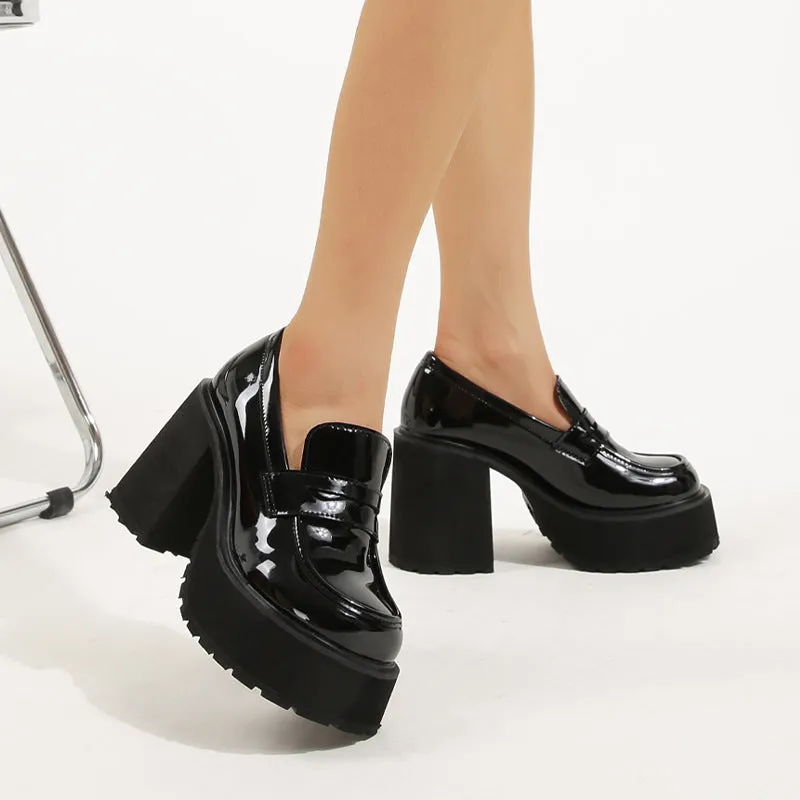 Womens Chunky Platform High Heeled Patent Leather Loafers