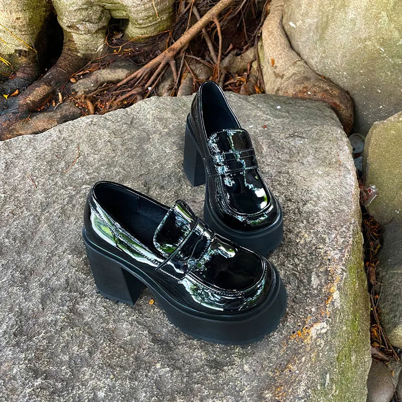Womens Chunky Platform High Heeled Patent Leather Loafers