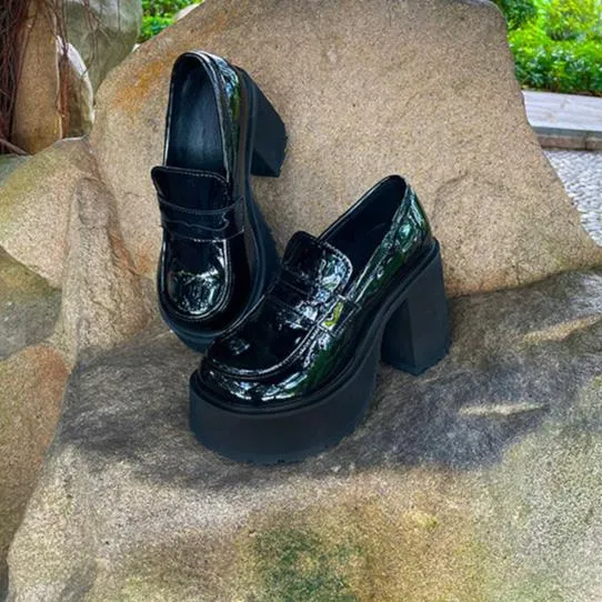 Womens Chunky Platform High Heeled Patent Leather Loafers